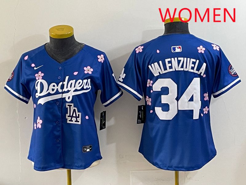 Women Los Angeles Dodgers 34 Valenzuela Blue Sakura Edition 2025 Nike MLB Jersey style 40